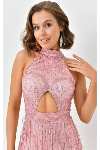 Kadın Mini Pul Payet Saçaklı Abiye Elbise Nbswll05 Pudra