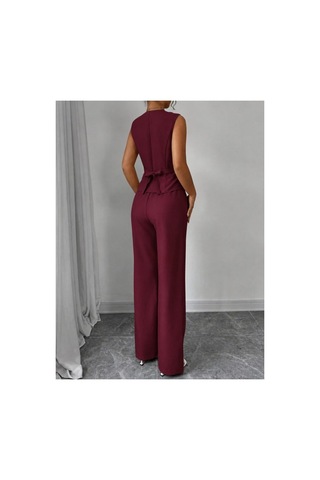 Butik İstanbul Kadın Askılı Önden Düğmeli Bluz Ve Pantolon Keten Ikili Takım Bordo