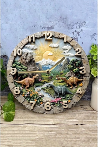 Sessiz Yuvarlak Ahşap Duvar Saati, Kuvars Dinazorlar 2d Sdw027 Renkli