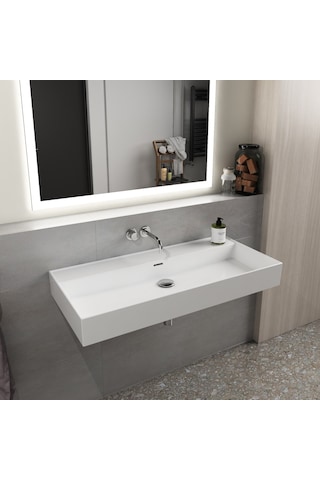 Dura Niva Kare Çanak Lavabo 100x46,5 Cm Tezgah Üstü Batarya Deliksiz Beyaz 5255
