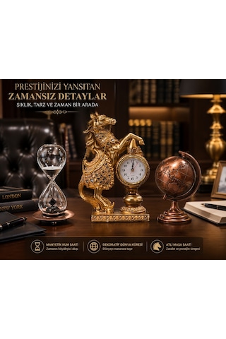 Lüks Prestij Masa Dekorasyon Seti Gold At Figürlü Masa Saati Metal Kum Saat Metal Bronz Dünya Küresi