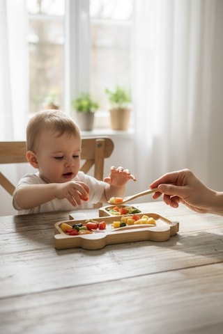 Tren Figürlü Bambu Bebek Mama Seti Bölmeli Tabak + Kaşık Çatal Seti Bej