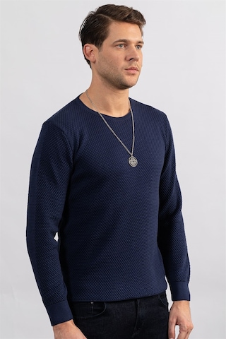 Tudors Slim Fit Dar Kesim Bisiklet Yaka Petek Desenli Erkek Kazak-23477 Lacivert