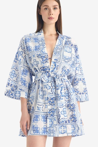 Defacto Regular Fit Desenli Kuşaklı Pamuklu Kimono-fall İn Love D0453ax25spbe758 Mavi