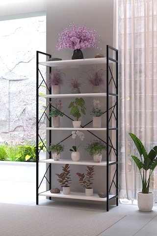 Manolya 5 Raflı Metal Çiçeklik 180x90 Cm Dekoratif Bitki Standı Çok Amaçlı Kitaplık Salon Balkon Ofis Raf Ünitesi Beyaz
