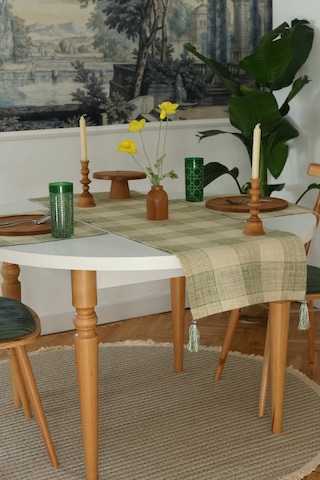 Yakacihome Juta Yeşil 5 Parça 4 Parça Amerikan Servis & 1 Parça Püsküllü Runner Jüt Kumaş Sofra Seti Yeşil