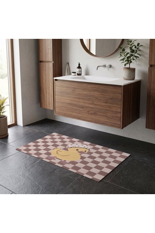 Kartela Halı Pastel Dama Ördekli Banyo Paspası Gül Kurusu Kaymaz Taban Makinede Yıkanabilir 60x90 Cm
