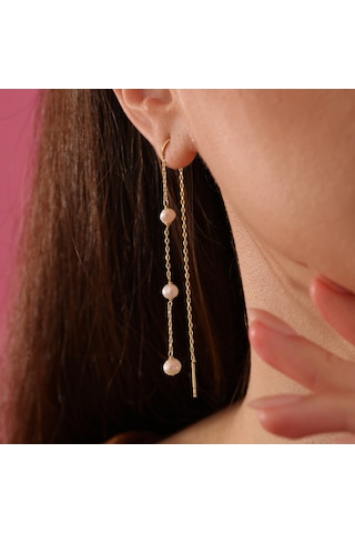 Queen Silver Jewelry 925 Ayar Gümüş. İnci Örme Sallantılı Japon Küpe Altın