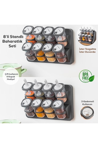 Porsima 1117 Standlı Kaşıklı 360° Döner Kapaklı Baharatlık Seti Antrasit - Gri