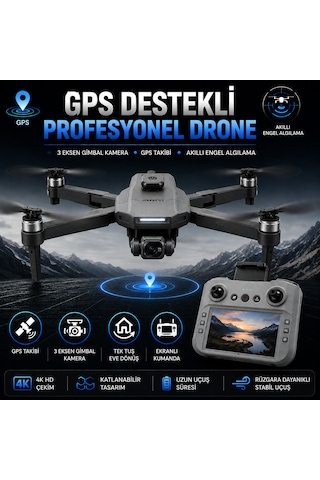 Gps Destekli Profesyonel Drone 4k Kamera, 3 Eksen Gimbal, Engelden Kaçınma Sensörü, Ekranlı Kumanda, Tek Tuş Eve Dönüş