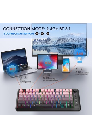 Hxsj L400 Üç Modlu Wireless Rgb Işık Ince Film 81 Tuş Klavye Grafiği Siyah Pembe