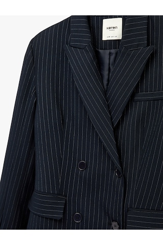 Koton Kruvaze Yaka Uzun Kollu Düğmeli Cep Detaylı Çizgili Blazer Ceket Lacivert Çizgili 6sak50073uw