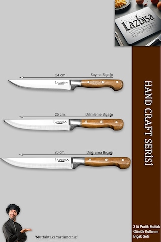 Lazbisa Mtf-003 Hand Craft Mutfak Bıçak Seti Et Ekmek Sebze Meyve Bıçağı 3 Lü Set Günlük Kullanım