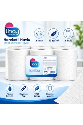 Linay Fotoselli Kağıt Havlu 6 Rulo 4 Kg, 2 Katlı, 21 Cm X 67 M, %100 Selüloz, Dispenser Uyumlu