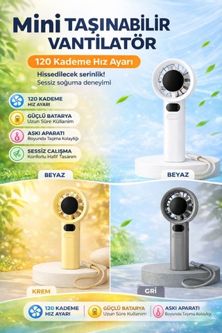 Türbin El Fanı Vantilatör Taşınabilir Turbo El Fanı Dijital Göstergeli Stand Özellikli Kancalı Type-c Şarj Soketi 1200 Mah 120 Kademeli M11 Md. Askı Kayışı Hediyeli