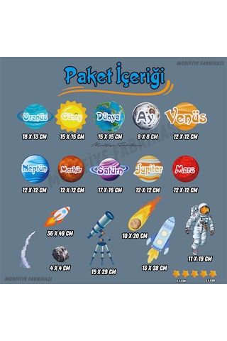 Uzay Temalı Çocuk Bebek Odası Duvar Sticker Seti Siyah