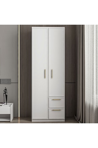 Vespera Çıta Detaylı, 2 Kapaklı, Çekmeceli Gardırop Beyaz, 60 Cm