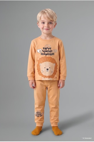 Defacto %100 Pamuk Baskılı Sweatshirt Üst Lastikli Paça Alt 2li Pijama Takımı Erkek Bebek I1437a526auog615 Turuncu-og615