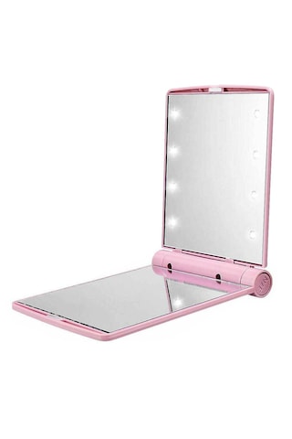 Techtic Katlanır Mini Işıklı Makyaj Aynası Cep Çanta Aynası 8 Led Pilli 23a 12v Pil Dahildir Pembe