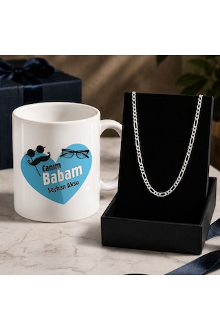 Bk Gift Kişiye Özel Babalar Günü Tasarımlı Beyaz Kupa & Figaro Zincir Kolye -8, Babalar Günü Hediyesi Gümüş