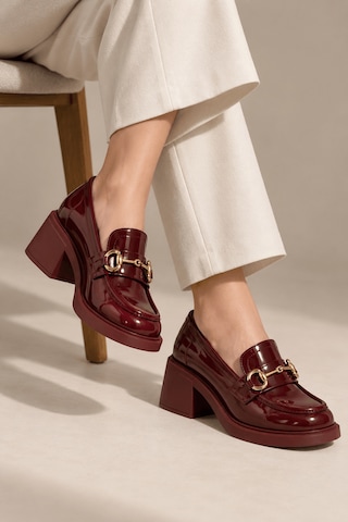 Selin Shoes Hily Gold Aksesuar Detay Kadın Loafer- Bordo Rugan