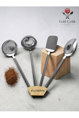 4'lü Mutfak Servis Seti Kepçe-kevgir-spatula-kaşık 18/0 Kalite Paslanmaz Çelik