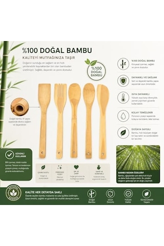5 Parça Bambu Mutfak Kaşık Seti %100 Doğal, Çizilmeye Karşı Korumalı, Isıya Dayanıklı, Hafif, Ergonomik, Tencere Ve Tavalar İle Uyumlu, Sağlıklı Ve Çevre Dostu Premium Set
