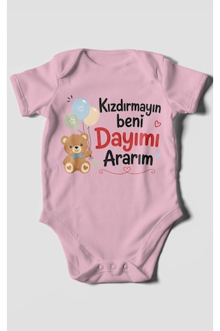 Morivokids Kızdırmayın Beni Dayımı Ararım Kısa Kollu Bebek Body %100 Pamuk Koyu Pembe