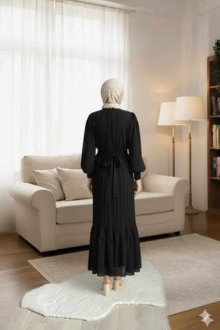Çlm Store Piliseli Şifon Tesettür Elbise - Rahat Ve Şık - Boy 135 Cm Siyah Siyah