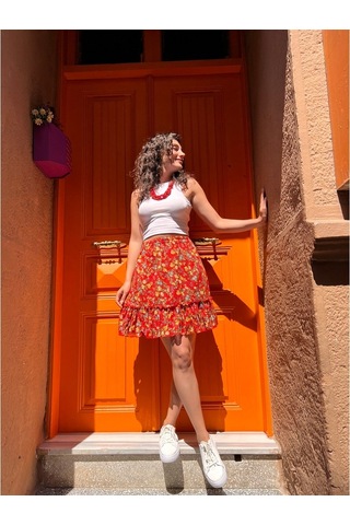 Buse Vual Kısa Etek Tomurcuk Desen Turuncu 6168