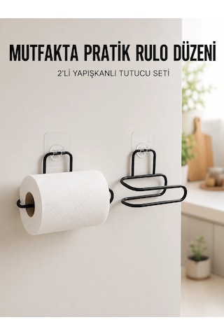 2 Li Siyah Metal Rulo Kağıt Tutucu Yapışkanlı Banyo Ve Mutfak Kağıtlık Renkli