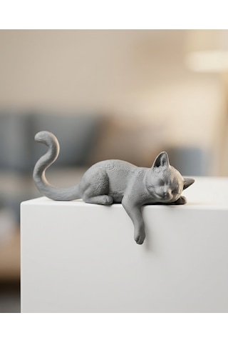 Minimalist Tasarım Uykucu Gri Kedi Biblosu Kitaplık & Masa Kenarı Süsü