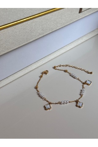 İnci Boncuklu Beyaz Çiçek Figürlü Altın Renk Kadın Halhal Altın