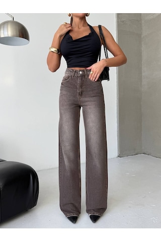 Herton Kadın Antrasit Yüksek Bel Wide Leg Jean Pantolon - %100 Pamuk Denim Açık Kahverengi