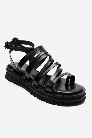 Luvishoes Elsa Siyah Hakiki Deri Çok Bantlı Kadın Parmak Arası Sandalet
