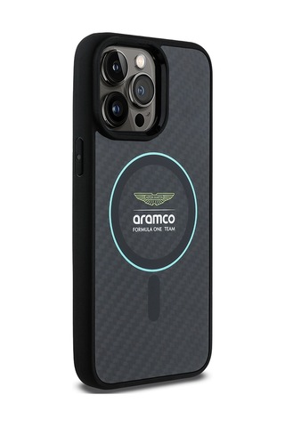 Apple Uyumlu iPhone 14 Pro Max Kılıf Aston Martin Lisanslı Magsafe Renkli Halka Ve Karbon Fiber Kapak Siyah-yeşil