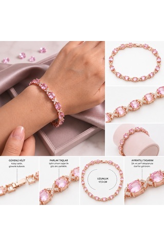 Pembe Zirkon Taşlı Kelebek Detaylı Kadın Bileklik- Rose Gold Şık Tasarım Altın - Pembe