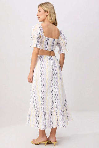 Benerly Kadın Çiçekli Desenli Brode Dokuma Crop Top Midi Etek Takımı Kalp Beyaz