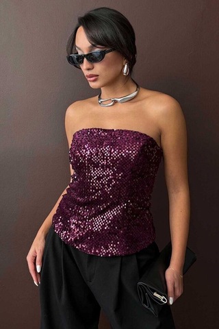 Ckm Moda Rubina Payetli Straplez Bluz Mürdüm