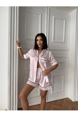 Victoria's Secret Kadın İkili İpek Saten Pijama Takımı Pembe - Beyaz