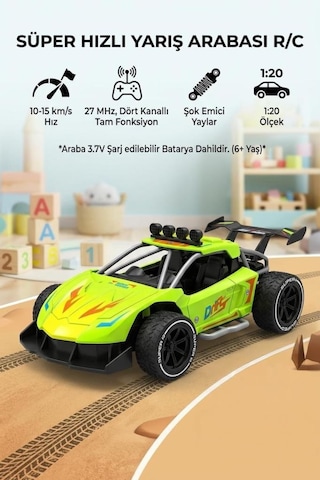 Super Speed Racing 1:20 Ölçekli Şarjlı Uzaktan Kumandalı Araba - 4 Kanallı Yarış Arabası Yeşil