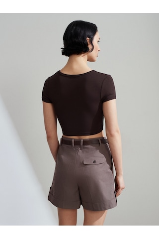Dilvin 31104 Crop T-shirt-koyu Kahve Kahverengi