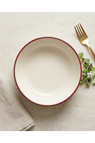 Porselen Kırmızı File Kenar Kase Salata, Çorba Ve Kahvaltılık Sunum Kasesi - 17 Cm 2'li Set Beyaz