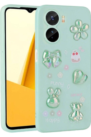 Vivo Y16 Kılıf Kabartma Figürlü Parlak Zore Toys Silikon Kapak Light Green