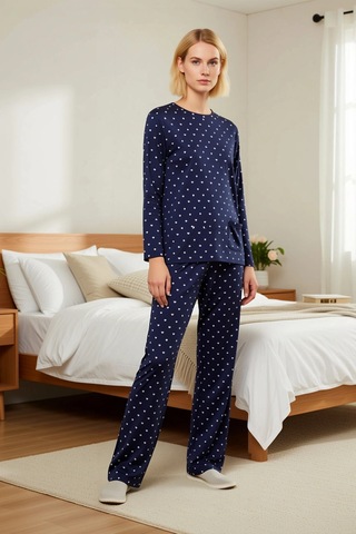 Benerly Kadın Bisiklet Yaka Standart Kol Pijama Takımı Boru Paça Fonksiyo lacivert