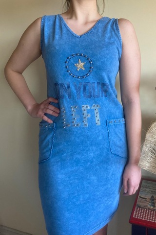 Mia Butik Kadın İtalyan Yıkamalı Kolsuz Mavi Elbise-678 Mavi