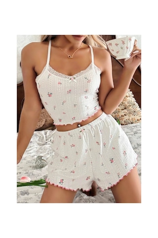 Mr Owl Kadın Beyaz Çiçek Desenli Dantel Askılı Şortlu Pijama Takımı