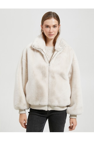 Koton Oversize Peluş Kaban Dik Yaka Fermuarlı Ribanalı Ekru 4wak00233ew 4WAK00233EW010 Ekru