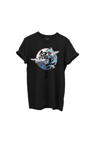 Japon Sanatı Stilinde Turna Kuşları Ve Dalga Desenli %100 Pamuk Regular Fit Unisex T-shirt Siyah