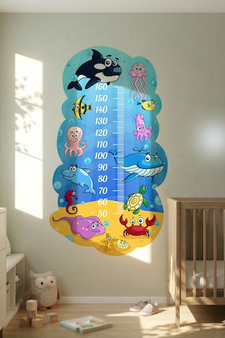 Okyanus Temalı Dekoratif Çocuk Boy Ölçer Sticker Duvar Cetveli Takip Çizelgesi